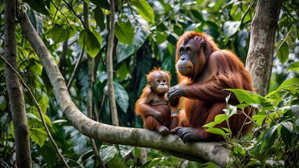 photo of orangutang with his child, generated by ai