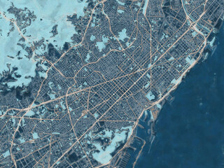 Painterly Style City Map of Barcelona, Spain in a Blue Color Scheme.