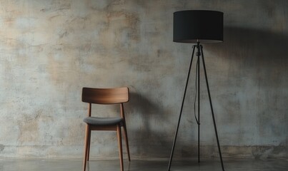 A black lamp is on a table next to a wooden chair