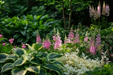 Lush Garden with Vibrant Pink Flowers and Green Foliage
