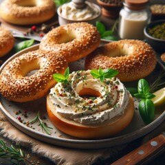 Creamy spread on sesame bagels garnished with herbs and spices