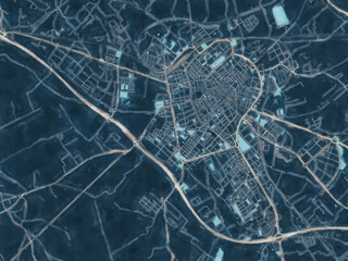 Painterly Style City Map of Reus, Spain in a Blue Color Scheme.