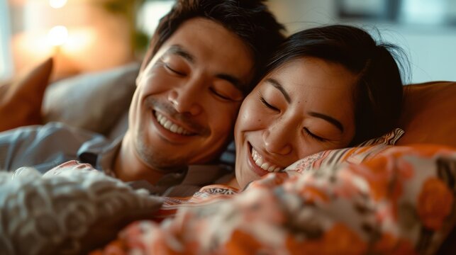 Happy couple cuddling on sofa, expressing love and support, enjoying a peaceful moment together at home, celebrating their relationship and care for one another