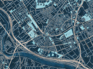 Painterly Style City Map of Cornella de Llobregat, Spain in a Blue Color Scheme.