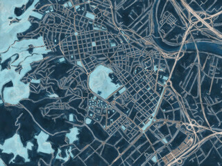 Painterly Style City Map of Sant Boi de Llobregat, Spain in a Blue Color Scheme.