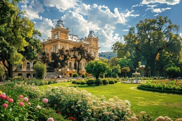 Obraz premium Picturesque Palace Garden with Lush Greenery and Flowers