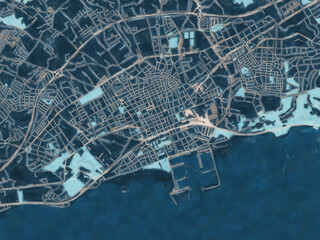 Painterly Style City Map of Vilanova i la Geltru, Spain in a Blue Color Scheme.