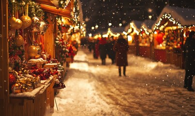 Fototapeta premium A busy street with people walking and a lot of Christmas decorations