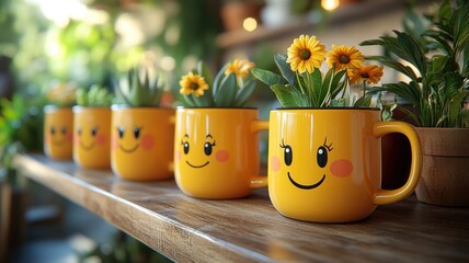 Cheerful mugs with flowers on a wooden shelf.