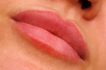 A womans lips with a soft pigment shade one month after the tattoo procedure. The contours are clear and the color is natural and soft.