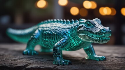 Obraz premium A teal glass crocodile figurine on a textured surface with a blurred background of warm lights.