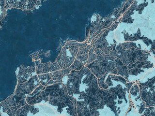 Painterly Style City Map of Vigo, Spain in a Blue Color Scheme.