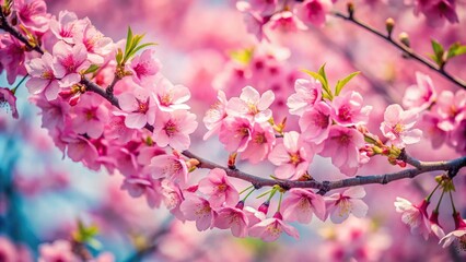 Naklejka premium Pink flowers blooming on tree branch from high angle view