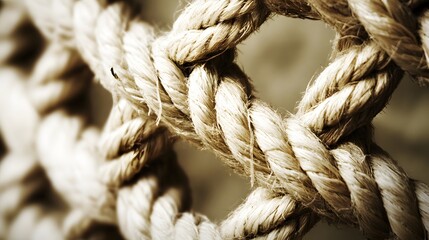 Complex web of interconnected ropes symbolizing intricate business relationships and antitrust challenges, with a focused foreground rope representing the effort to break monopolies.