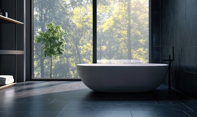 Fototapeta premium A large bathtub sits in a bathroom with a view of trees outside