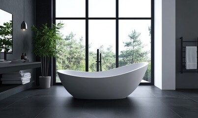 A large white bathtub sits in a bathroom with a window and a potted plant