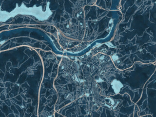 Painterly Style City Map of Ourense, Spain in a Blue Color Scheme.