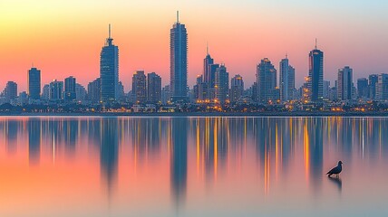 Obraz premium City skyline at sunset with reflective water.