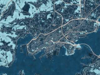 Painterly Style City Map of Ferrol, Spain in a Blue Color Scheme.