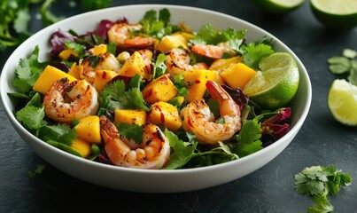 A bowl of shrimp and mango salad with lime wedges