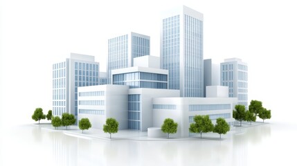 Obraz premium A modern cityscape featuring sleek, glass skyscrapers surrounded by greenery, emphasizing urban design and architectural innovation.