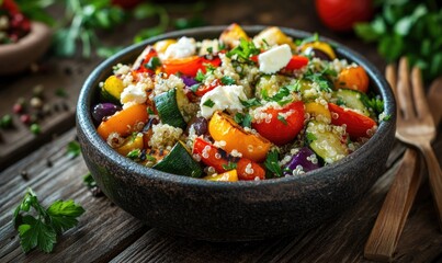 A bowl of colorful vegetables and quinoa on a wooden table