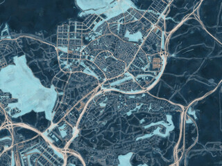 Painterly Style City Map of Alcobendas, Spain in a Blue Color Scheme.