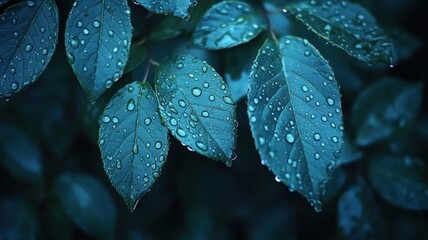 Obraz premium Close-up of dew-covered leaves in a dark setting.