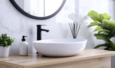 Fototapeta premium A white sink with a black faucet sits on a wooden counter