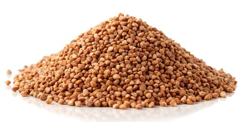 Fototapeta premium Raw buckwheat pile isolated, dry buckwheat grains, Russian kasha heap, uncooked buckwheat cut out, panoramic