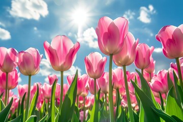 Pink Tulips Blooming Under a Sunny Sky