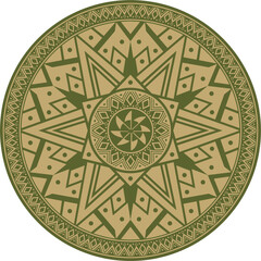 Native American vector round gold with green pattern. Geometric shapes in a circle. National ornament of the peoples of America, Maya, Aztecs, Incas