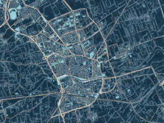 Painterly Style City Map of Murcia, Spain in a Blue Color Scheme.