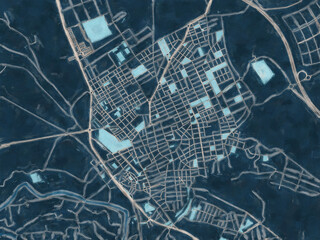 Painterly Style City Map of Molina de Segura, Spain in a Blue Color Scheme.