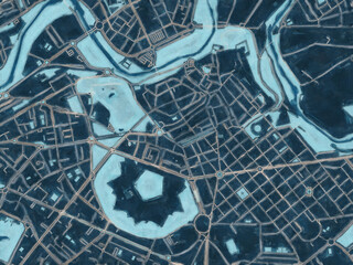 Painterly Style City Map of Pamplona Centro, Spain in a Blue Color Scheme.