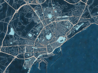 Painterly Style City Map of Alicante, Spain in a Blue Color Scheme.