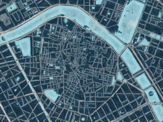 Painterly Style City Map of Valencia Centro, Spain in a Blue Color Scheme.