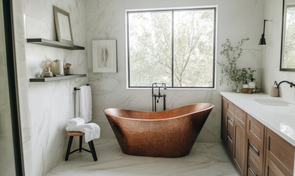 A large copper bathtub sits in a bathroom with white walls and wooden cabinets