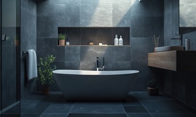 A bathroom with a large bathtub and a sink