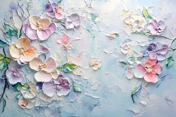A vibrant floral painting depicting assorted pastel-colored flowers against a soft blue background, showcasing a textured, artistic style filled with delicate details.