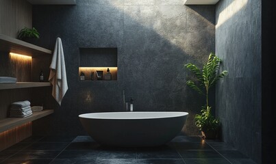 A bathroom with a large bathtub and a potted plant