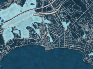 Painterly Style City Map of Benidorm, Spain in a Blue Color Scheme.