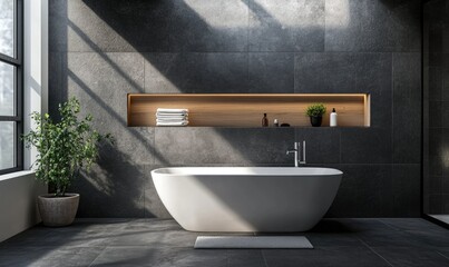 A bathroom with a large bathtub and a potted plant