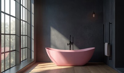 A pink bathtub sits in a bathroom with a window and a towel hanging on a rack