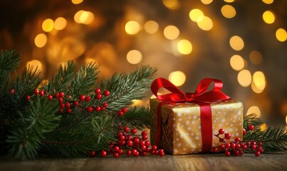 A gold box with a red ribbon sits on a table with a bunch of red berries