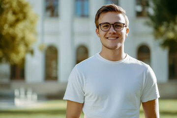 Documentary-style photography of a young, happy man wearing glasses and smiling at the camera.