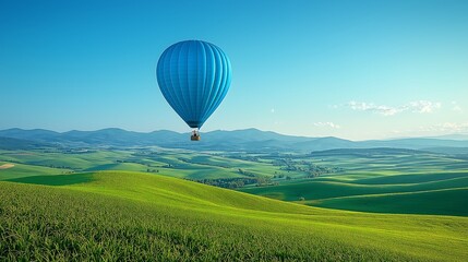 Fototapeta premium One blue balloon floats gently above a green field under a clear sky
