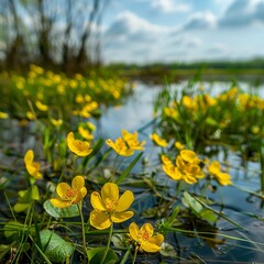 Spring view flowers on the surface of water at pool.