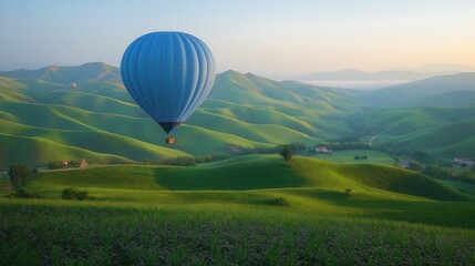 Obraz premium One blue balloon floats gently above a green field under a clear sky