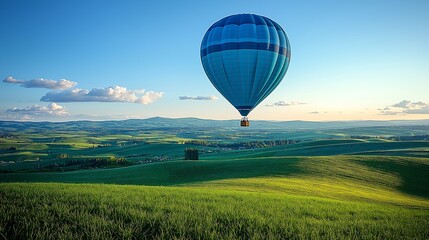 One blue balloon floats gently above a green field under a clear sky